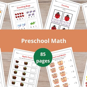 May include: A collection of preschool math worksheets with various counting and matching exercises. The worksheets feature colorful illustrations of animals, bugs, fruits, and vegetables. The title "Preschool Math" is displayed, along with the text "85 pages".