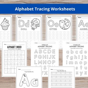 Pode incluir: Um conjunto de folhas de trabalho de rastreamento do alfabeto para crian&ccedil;as. Cada p&aacute;gina apresenta uma letra com uma imagem correspondente, como um cupcake, uma boneca, uma lontra e um anjo. Inclui exerc&iacute;cios de rastreamento de letras mai&uacute;sculas e min&uacute;sculas.