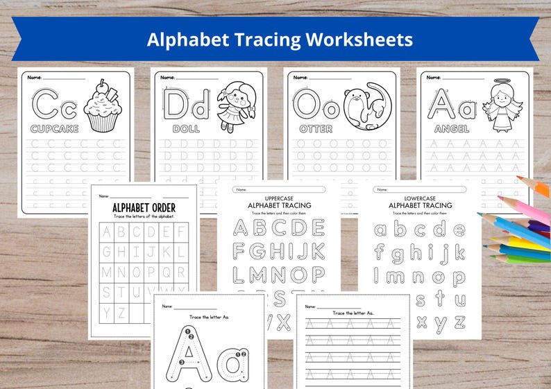 Pode incluir: Um conjunto de folhas de trabalho de rastreamento do alfabeto para crian&ccedil;as. Cada p&aacute;gina apresenta uma letra com uma imagem correspondente, como um cupcake, uma boneca, uma lontra e um anjo. Inclui exerc&iacute;cios de rastreamento de letras mai&uacute;sculas e min&uacute;sculas.
