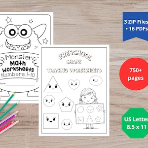 Pode incluir: Dois livros de atividades em preto e branco para crian&ccedil;as. Um &eacute; intitulado "Monster Math Worksheets Numbers 1-10", e o outro &eacute; "Preschool Shape Tracing Worksheets". Elementos adicionais incluem um quadrado azul com texto, um c&iacute;rculo vermelho e um oct&oacute;gono verde.