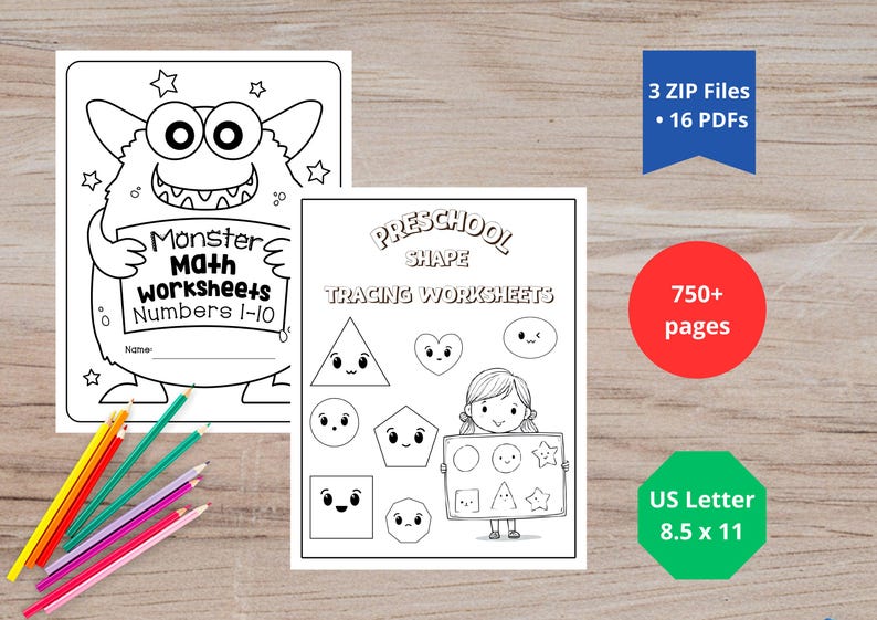 Pode incluir: Dois livros de atividades em preto e branco para crian&ccedil;as. Um &eacute; intitulado "Monster Math Worksheets Numbers 1-10", e o outro &eacute; "Preschool Shape Tracing Worksheets". Elementos adicionais incluem um quadrado azul com texto, um c&iacute;rculo vermelho e um oct&oacute;gono verde.