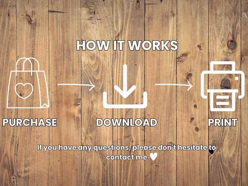 Pode incluir: Gr&aacute;fico branco sobre fundo de madeira mostrando as etapas: Comprar, Baixar e Imprimir. O texto "HOW IT WORKS" est&aacute; no topo. A imagem inclui uma sacola de compras, um &iacute;cone de download e um &iacute;cone de impressora. O texto "If you have any questions, please don't hesitate to contact me" est&aacute; na parte inferior.