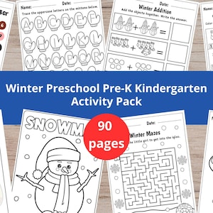 May include: A winter-themed activity pack for preschool and kindergarten students. The pack includes 90 pages of educational worksheets with coloring, addition, letter tracing, and maze activities. The cover features a snowman illustration and the text "Winter Preschool Pre-K Kindergarten Activity Pack".