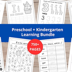 May include: A selection of black and white educational worksheets for preschool and kindergarten children. The pages feature tracing, counting, and writing exercises. The image includes the text "Preschool + Kindergarten Learning Bundle" and "750+ PAGES".
