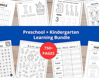 May include: A collection of black and white preschool and kindergarten learning pages. The pages include tracing, counting, and writing activities. The image includes the text "Preschool + Kindergarten Learning Bundle" and "750+ PAGES".