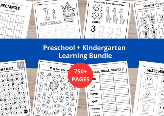 Preschool Pre-K + Kindergarten Learning Bundle: 750+ Pages Printable Activity Worksheets – Tracing, Alphabet, Numbers, Coloring, Dot to Dot