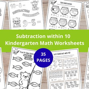 Subtraction within 10 – Kindergarten Math – Math Worksheets – 35 Printable Pages – Instant download