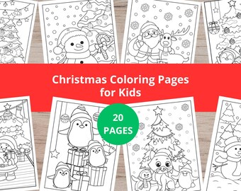 May include: A collection of Christmas coloring pages for kids. The pages feature festive illustrations of snowmen, Santa Claus, reindeer, penguins, Christmas trees, and ornaments. The text on the image reads "Christmas Coloring Pages for Kids" and "20 PAGES".