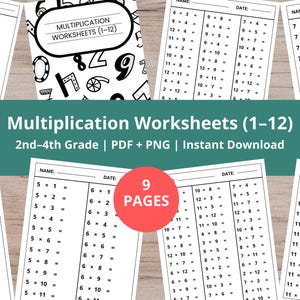 Könnte beinhalten: Multiplikationsarbeitsblätter für die Klassen 2-4 mit Aufgaben von 1-12. Das Paket enthält 9 Seiten im PDF- und PNG-Format. Das Titelblatt zeigt den Titel "Multiplication Worksheets (1-12)". Sofortiger Download.