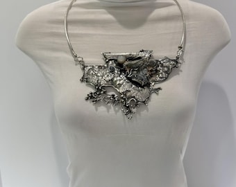 Cathleen McLain Brutalist Sterling Silver Collar Necklace Moonstone Druzy Agate OOAK