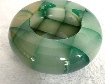 Vintage Green Onyx Ashtray – Mid Century Modern 1960s – Rare Checkered Stone – 4” Round