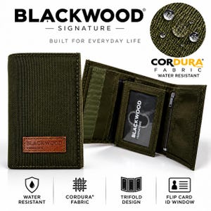 May include: An olive green trifold wallet made of Cordura fabric with a water-resistant finish. The exterior features a brown leather patch with the text Blackwood Signature. The interior includes a flip card ID window and a zippered pocket.