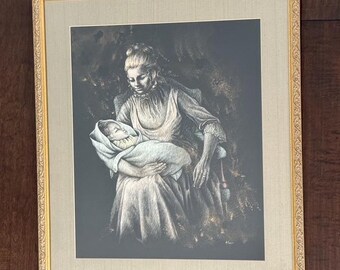 Vintage Harriet Gross Scratchboard Art: Mother and Child, Ornate Frame