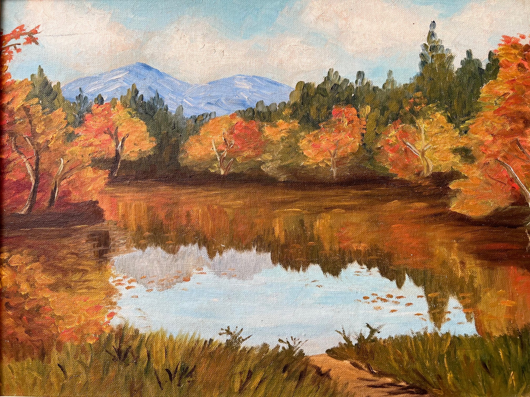 Vintage Oil on Canvas Impressionist Scenic Forest Lake Fall Colors