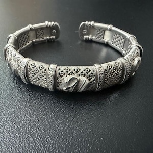 Vintage Sterling Silver Elephant Bracelet: Thailand Filigree Boho Cuff