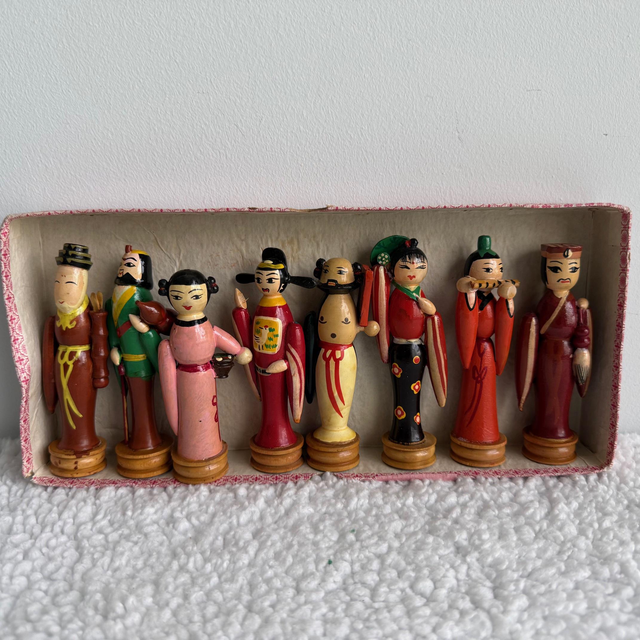Vintage Painted Wood Figurines: Set of 8 Chinese Taoist Immortals