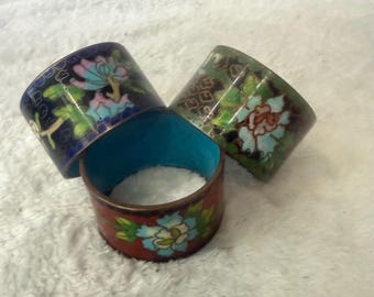 Vintage Chinese Cloisonné Floral Napkin Rings Set of 3