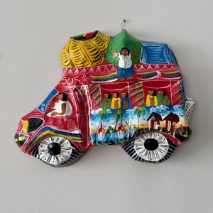 Vintage Haitian Bus with People Paper Mache 15.5 x 12 inch papier Mache wall hanging, Jacmel art decor, handmade has word Jesus inscribed