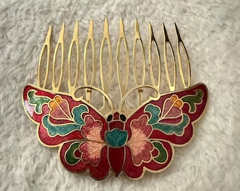 Vintage Enamel Butterfly Hair Comb Cloisonné Style Gold Tone Floral Hair Accessory Statement Hair Jewelry