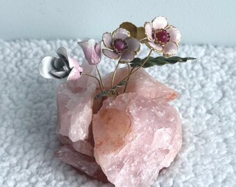 Vintage Frank Mosse Enameled Flower Sculpture: Rose Quartz Base