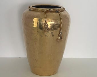 Vintage Brass Vase with Rope Tassel Trim 9 Inch Gold Urn Old World Decor