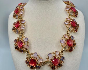Vintage Carolee Lux Gold Tone Multicolor Rhinestone Crystal Statement Necklace