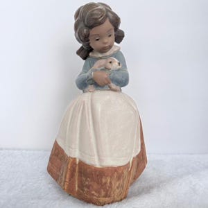 May include: A ceramic figurine of a young girl holding a small puppy. The girl wears a blue top, a white skirt, and a brown-trimmed bottom. Her hair is brown, and the puppy is white and tan. The figurine has a vintage aesthetic.