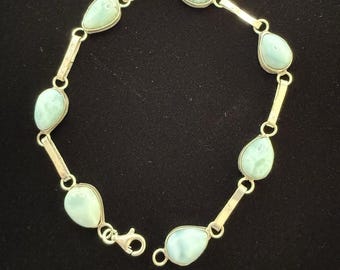 Vintage Sterling Silver Blue Larimar Bracelet | 925 Silver 7" Gemstone Jewelry | 7 Stone Natural Larimar Gift for Her