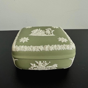 Vintage Wedgwood Jasperware Sage Green Trinket Box – 4&quot; | Classical Cameo Design | English Ceramic Collectible