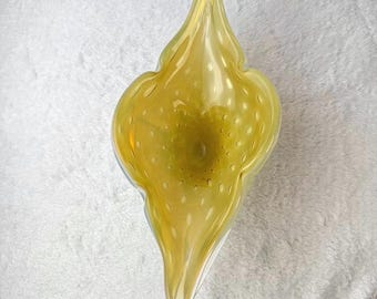 Mid Century Murano Bullicante Leaf Ruffled Edge Bowl Yellow Amber Art Glass Collectible