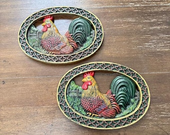 Vintage Cast Iron Rooster Trivets Set of 2 Farmhouse Kitchen
