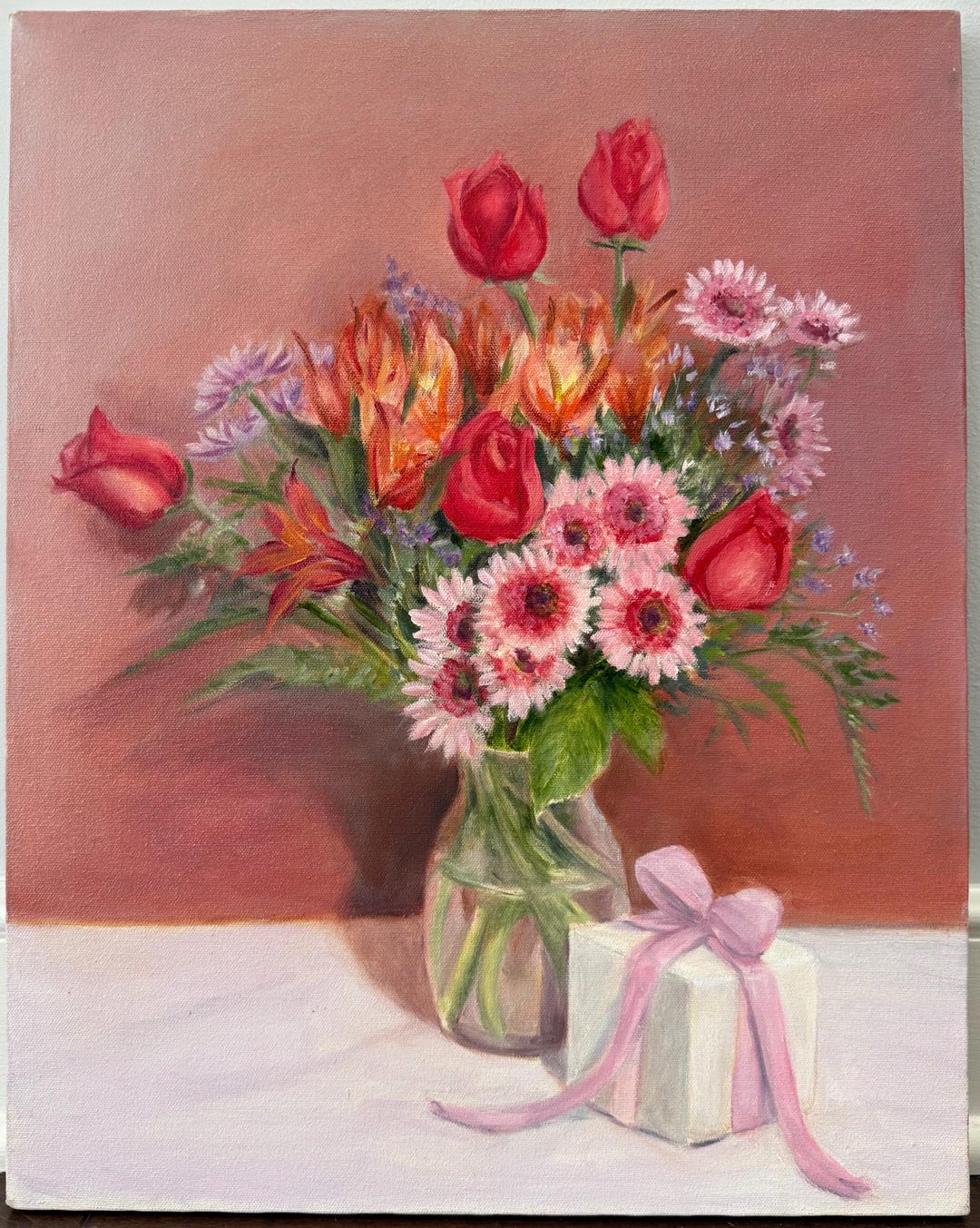 Original Floral Still Life Oil Painting Romantic Art Red Tulips & Roses ...