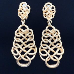 Vintage DKNY Matte Gold Etruscan Braid Clip-On Earrings | 3.75&quot; Statement Knot Designer Earrings | 90s Runway Style