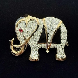 Vintage D&#39;Orlan Elephant Brooch | Gold Tone Black Enamel Rhinestone Pin | Signed Canada Jewelry