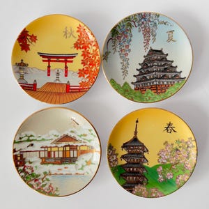 Set of 4 Japanese Four Seasons Decorative Plate Collection | 4 inch Shibata Porcelain Trinket dish Fine Art Summer, Winter, Spring, Autumn
