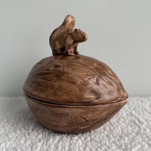 Vintage Holland Mold Ceramic Squirrel on Acorn Walnut Candy Bowl | Hand Painted 1969 | Signed Woodland Fall Decor | Cottagecore Farmhouse