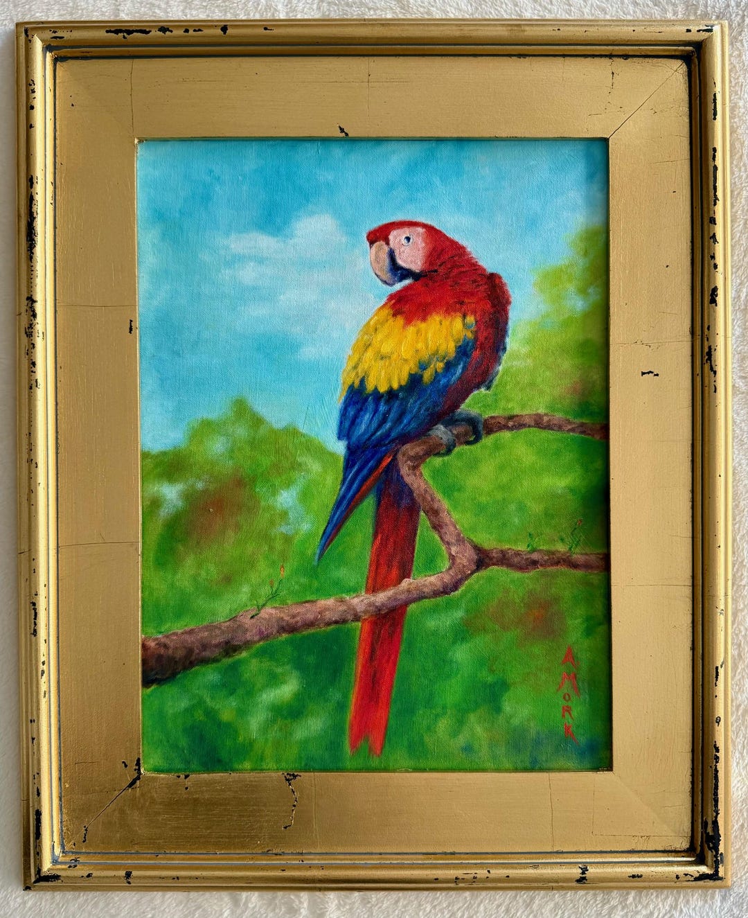 Scarlet Macaw Parrot Oil Painting, Framed Wildlife Art by Audrey