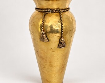 Vintage Made in India Brass Vase with Tassels – Tall Flared Rim Brass Urn – Boho Hollywood Regency Decor