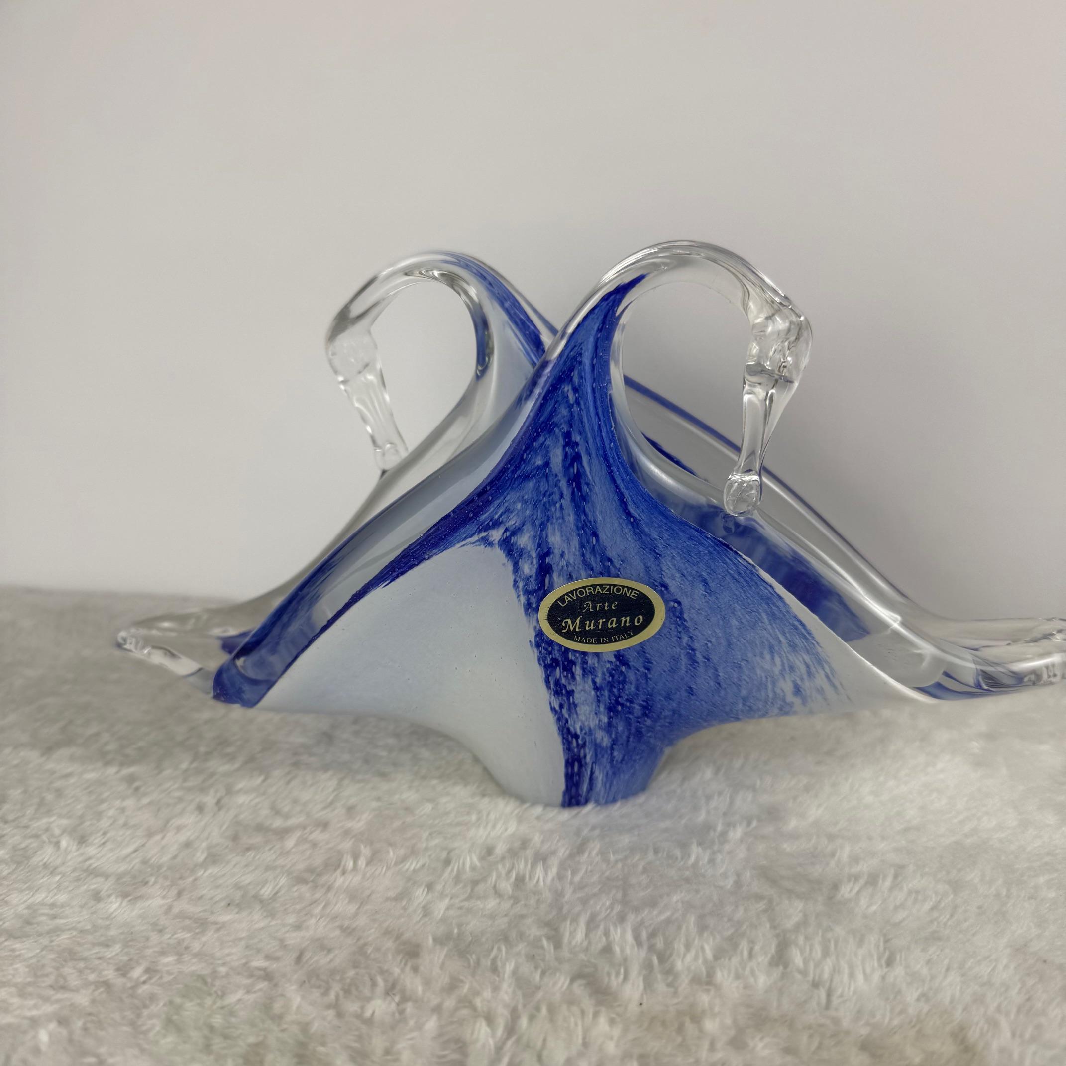 Vintage Lavorazione Arte Glass Murano Double Blue Swan Napkin