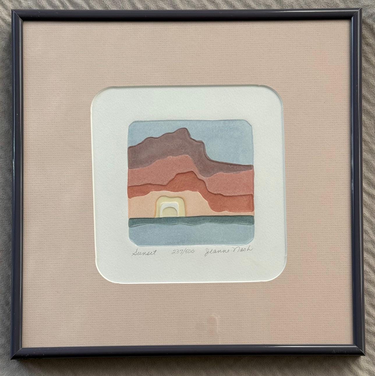 絵画 YAS . S Vintage Framed Embossed Print Sunset Signed Jeanne Nash