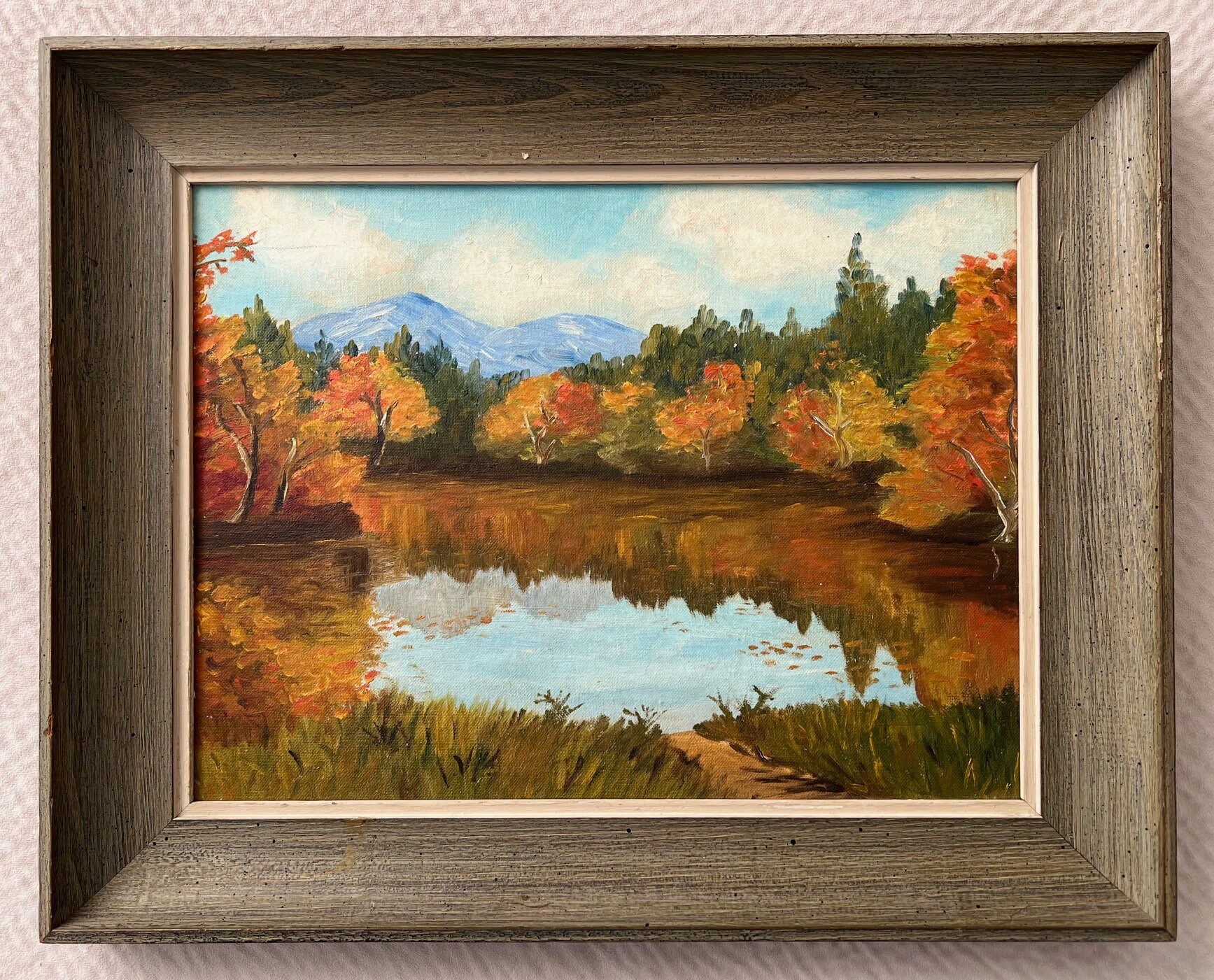 Vintage Oil on Canvas Impressionist Scenic Forest Lake Fall Colors