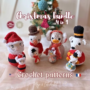 Könnte beinhalten: Eine Sammlung handgefertigter gehäkelter Weihnachtsschmuckstücke, darunter der Weihnachtsmann, ein Schneemann, ein Pinguin und ein Eisbär, jeweils mit einer kleineren passenden Figur. Die Ornamente sind rot, weiß, schwarz und braun. Der Text "Christmas bundle 4 in 1" und "Crochet patterns" ist sichtbar.