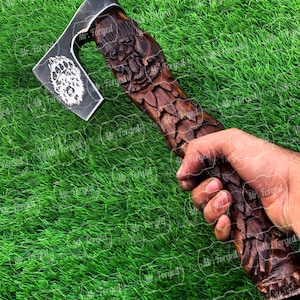 Beautiful Hand engraved Viking Axe, Custom Axe , Handmade Celtic Norse Axe, Gift for him | Mr forged axe with Leather Sheath