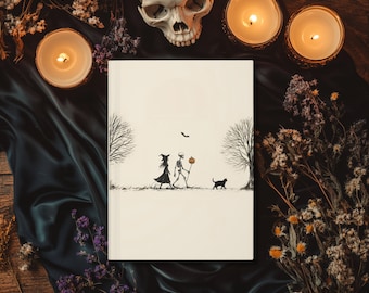 May include: A white card with a black and white illustration of a witch and a skeleton holding a jack-o-lantern. The witch is wearing a pointed hat and a long dress. The skeleton is wearing a top hat and a bow tie. The illustration is set against a background of trees and a bat flying in the sky.