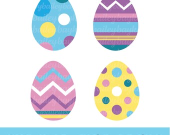 May include: Four Easter egg designs with different patterns. The eggs are blue, yellow, pink, and purple with white, yellow, and blue accents.