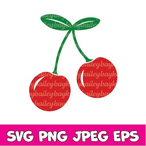 Puede incluir: Un par de cerezas rojas con tallos y hojas verdes. Las cerezas son estilizadas y tienen un diseño simple y plano.