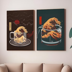 Coffee Art, Set of 2 Canvas / Framed / Unframed, Kitchen Decor, Japanese Retro Morning Coffee, The Great wave Art Print, Coffee Mug