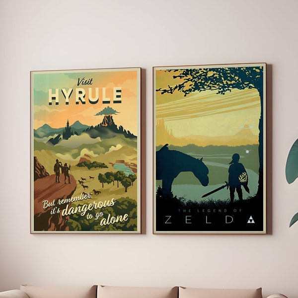 Affiche Zelda, 2 oeuvres d'art murales encadrées et sans cadre, Art de la visite d'Hyrule, affiche de voyage, cadeau Zelda, Hyrule, lien, impressions Legend of Zelda