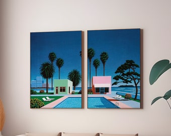 Hiroshi Nagai 2 pezzi Wall Art incorniciato e senza cornice Set di 2, poster a bordo piscina, stampe VaporWave Hiroshi, regalo d'arte