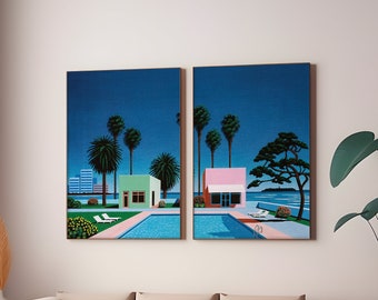 Tela de parede de 2 peças de Hiroshi Nagai / Impressão artística / Emoldurada, Pôster à beira da piscina, Impressões de Vapor Wave de Hiroshi, Presente artístico, Arte dos anos 80 em Miami, Retrô